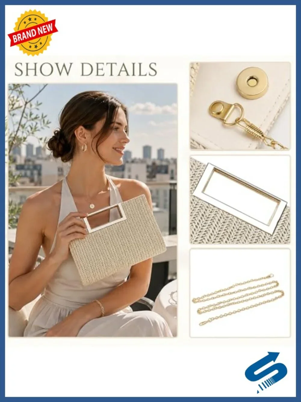 Straw Clutch Purse for Women, Top Handle Evening Handbag with Detachable Chain
